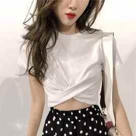 短袖T恤女2022夏季韩版新款宽松学生纯色短款修身上衣外贸女装潮