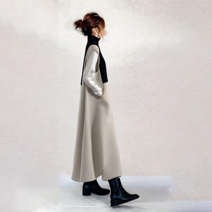 現物クロスボーダー日系2025春新作デザイン感ブラックステッチミディアムワンピースレディース