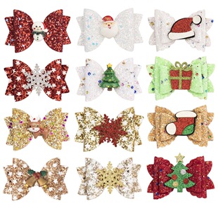 New Cross Border Christmas Party Bow Hairpin Children's Scallion Powder Glitter Bow Hairpin Hair Accessories