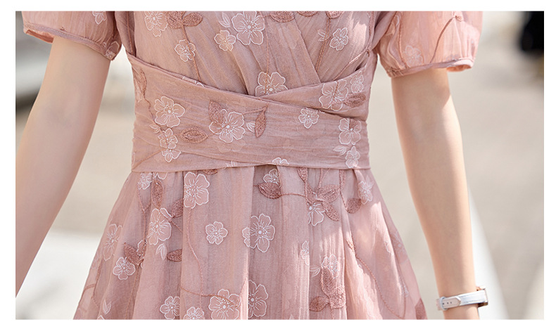 Đầm maxi nữ thắt eo tay bồng họa tiết hoa nhỏ cổ chữ V phong cách tea dress — Màu hồng, màu vàng chi tiết 27