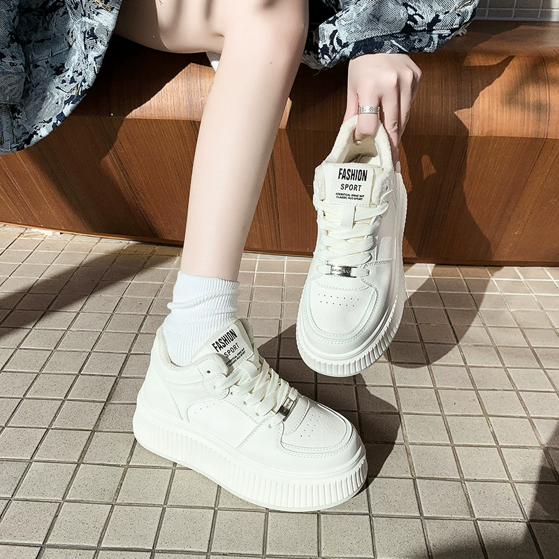 Keep warm high fleece universal sneakers platform, white shoes for leisure, for teenagers