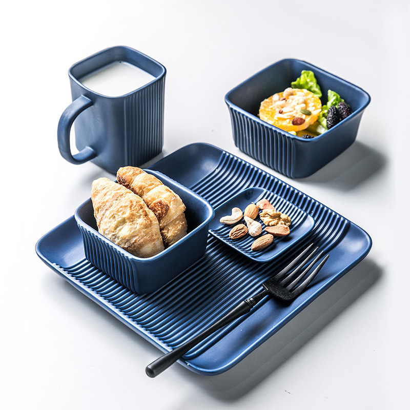 Retro Style Vertical Pattern Pitted Tableware Set Household Ceramic Dishes Rice Bowl Soup Bowl Dish Plate Mug Flavor Plate