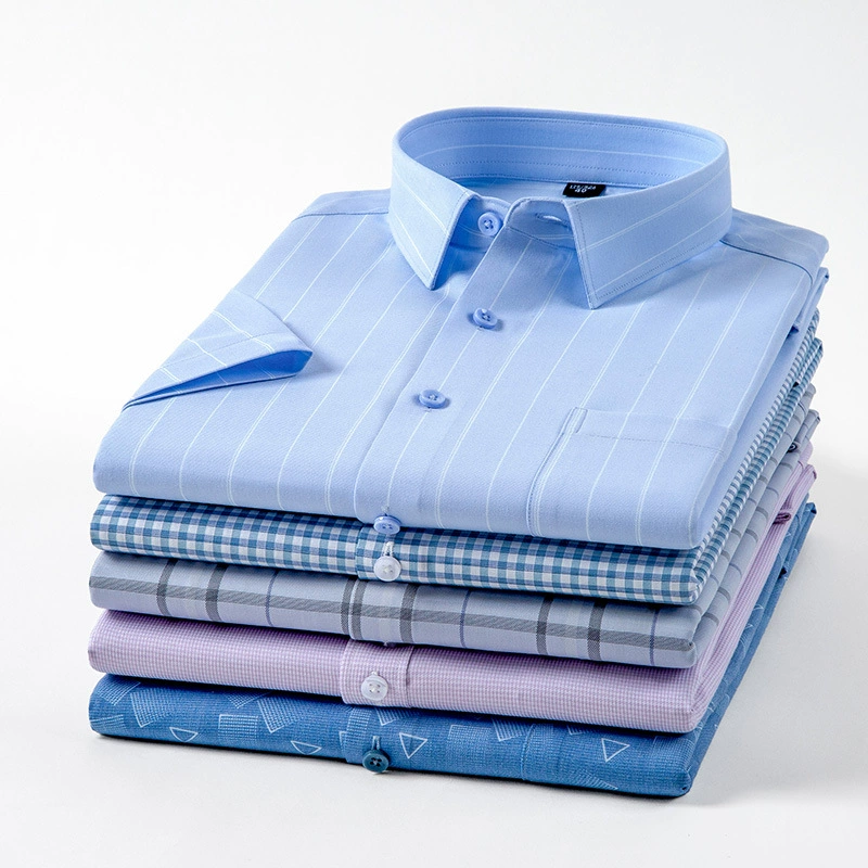 Новая летняя новая мужская рубашка из бамбукового волокна против морщин без утюга с короткими рукавами, эластичная повседневная мужская рубашка, мужская клетчатая рубашка