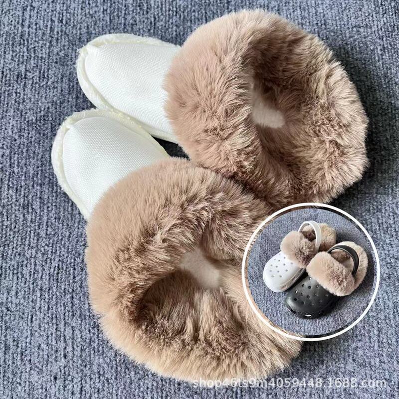 Croc Shoes Lining Rabbit Fur Plush Cotton Cover Winter Warm Thickeneded Women's High-Heeled Croc Shoes Cotton Slippers Lining