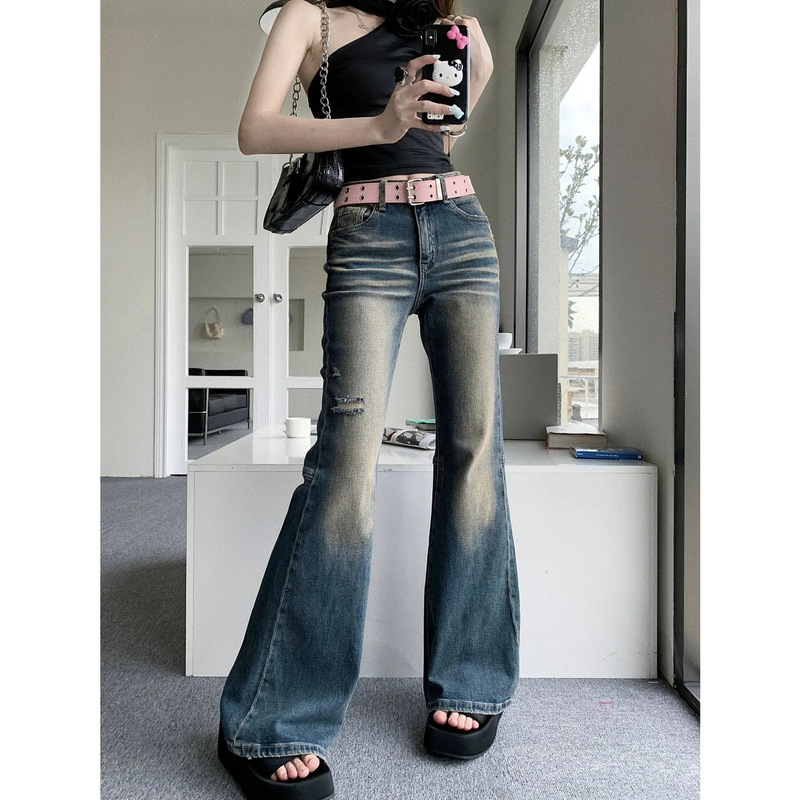 American Style Retro Nostalgic Low-Waist Micro-Raise Jeans Women's Slim-Fit Horseshoe Pants Small All-Match Trumpet Pants American Style Retro Nostalgic Low-Waist Micro-Raise Jeans Women's Slim-Fit Horseshoe Pants Small All-Match Trumpet Pants