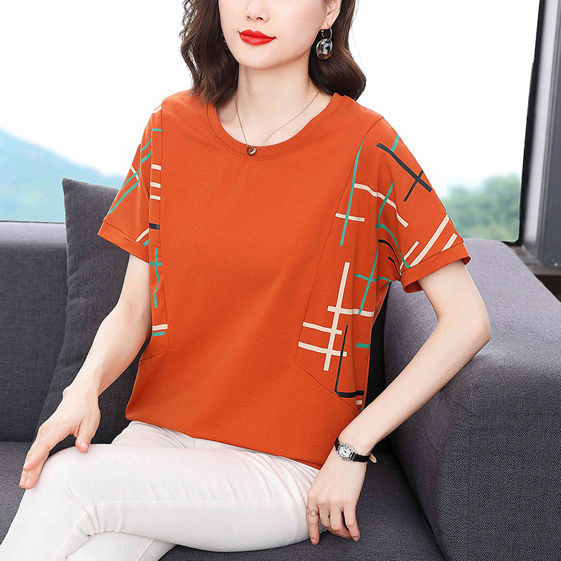 2023 Summer New Style Western Style Loose Middle-aged Women's Elegant Top Geometric Printed Small Shirt Round Neck Short-sleeved T-shirt for Women 2023 Summer New Style Western Style Loose Middle-aged Women's Elegant Top Geometric Printed Small Shirt Round Neck Short-sleeved T-shirt for Women