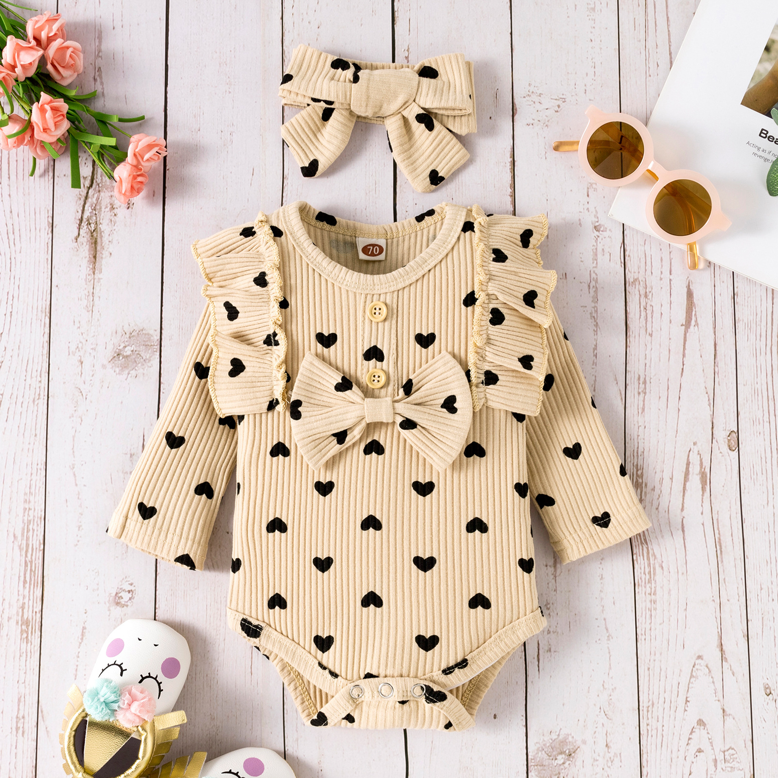 Fashion Solid Color Flower Button Baby Clothing Sets display picture 9