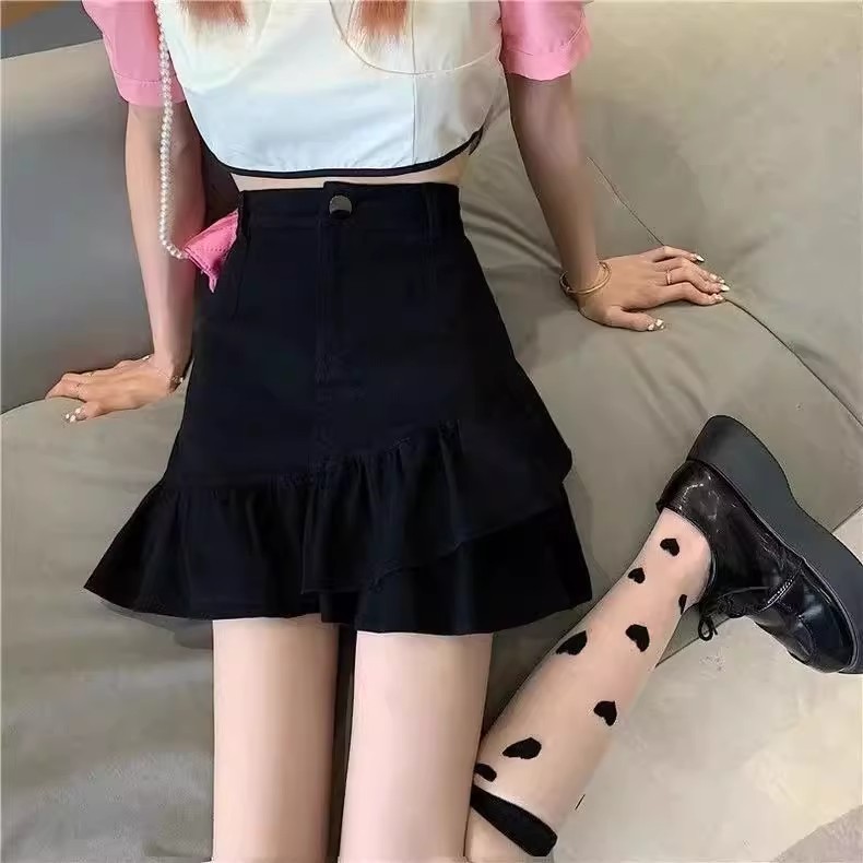 2025新款百搭夏季a字鱼尾高腰显瘦女短裙包臀牛仔裙半身裙荷叶边|undefined