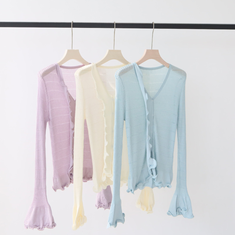 Early Spring Outfit: Lyocell Tencel Knitted Cardigan with a High-End Feel, Gentle Style, Ruffled Top for Women, Bell Sleeves, Slim Fit