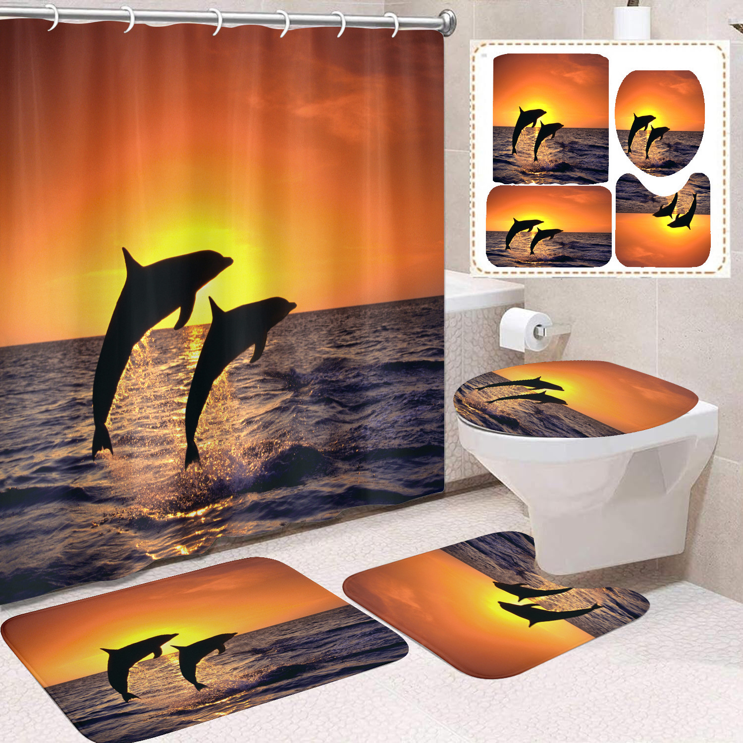 Cortina de ducha transfronteriza con diseño de delfines azules, estampada digitalmente, de poliéster, sin perforaciones, para baño, decoración del hogar image 22