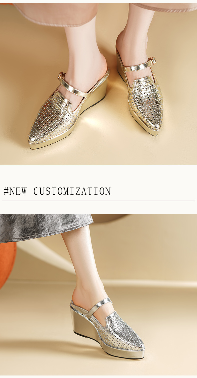Sandal nữ mũi nhọn gót xuồng cao 9 cm, đế platform 5 cm, quai hở mũi, phong cách dáng lười — màu vàng, bạc chi tiết 3