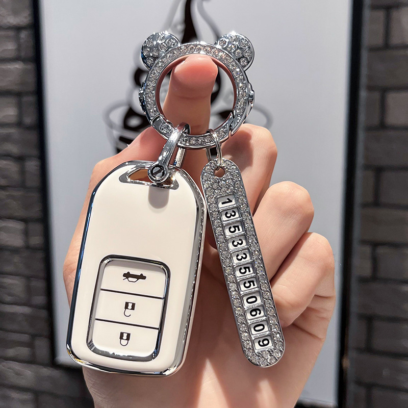 BT 키 유형 C - 스마트 3버튼 [싱글 쉘 화이트] + 실버 우주 비행사 다이아몬드 버클 + 실버 번호판