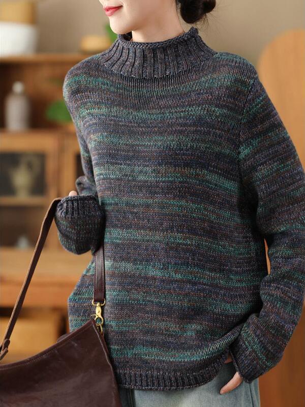 Original 2024 Winter New Thickened Half-High Collar Striped Retro Dyed Cotton Knit Sweater with Rolled Edges Original 2024 Winter New Thickened Half-High Collar Striped Retro Dyed Cotton Knit Sweater with Rolled Edges