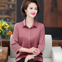 中老年女装春夏新款真丝衬衫七分袖高档时尚妈妈装翻领纯色衬衣新