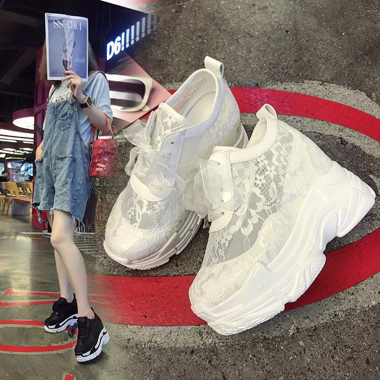 Lace Torre Shoes Women's 2022 Spring New Korean Style Fashion Mesh Thick Bottom Wedge High Heel Casual Sneakers