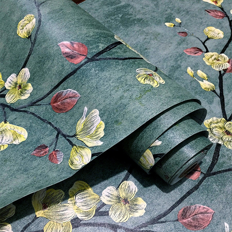 Retro dark green PVC wallpaper live wall relief bedroom 3d wall stickers flower self adhesive wallpaper _voghion.com