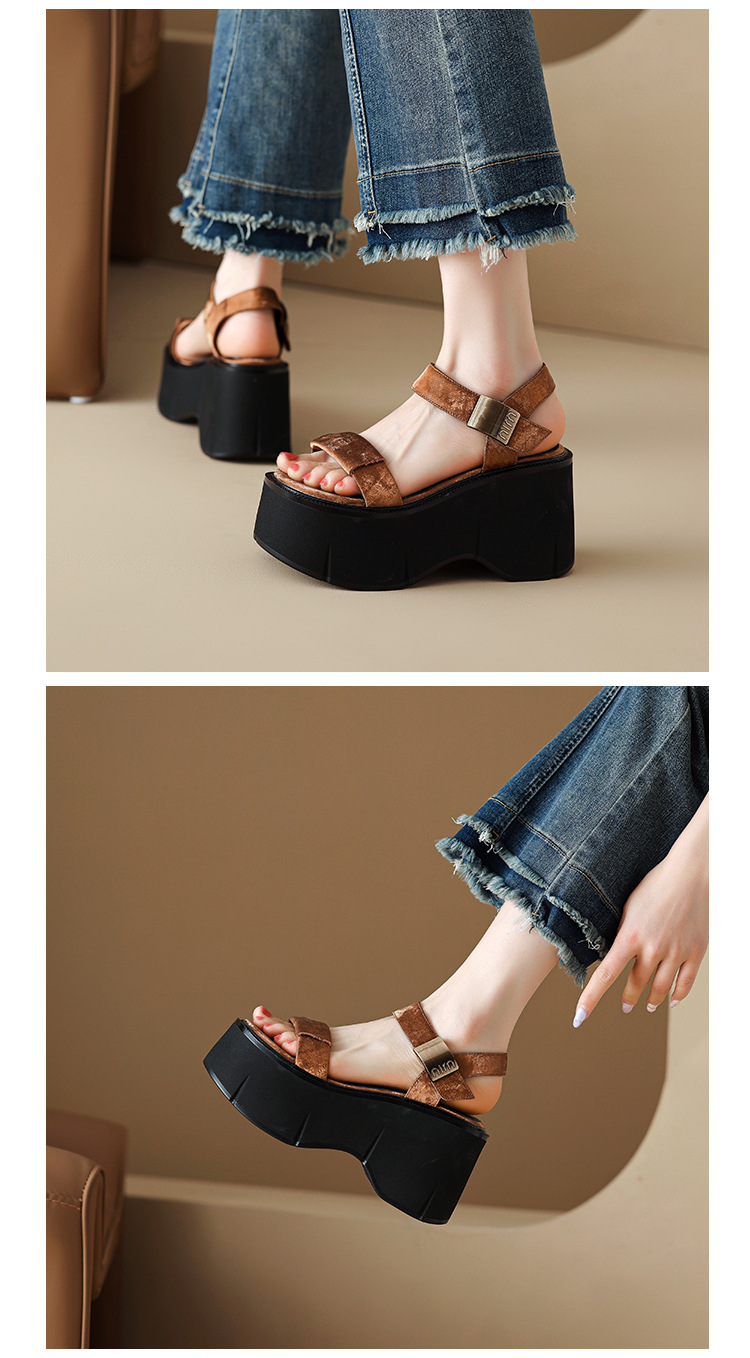 Sandal cao gót nữ phong cách Pháp cổ điển đế xuồng tăng chiều cao hở mũi khóa kim loại — màu nâu, màu đen, màu trắng ngà chi tiết 8