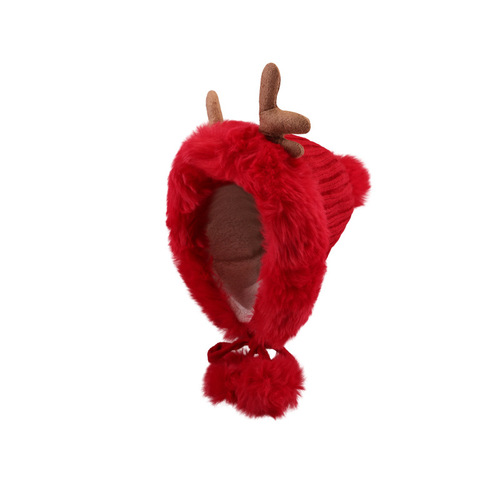 Autumn and winter Christmas elk antler Lei Feng hat for women, Korean style cute fur ball ear protection hat, warm Lei Feng hat, cycling hat