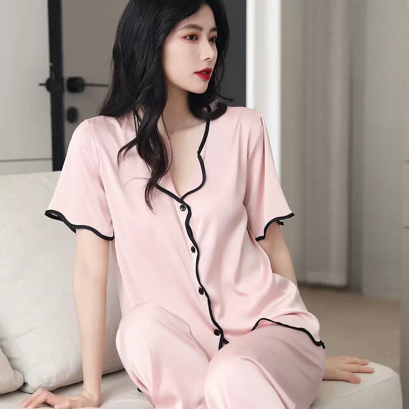 春上新季睡衣女春夏秋季韩版冰丝薄款性感短袖丝绸翻领家居服套装