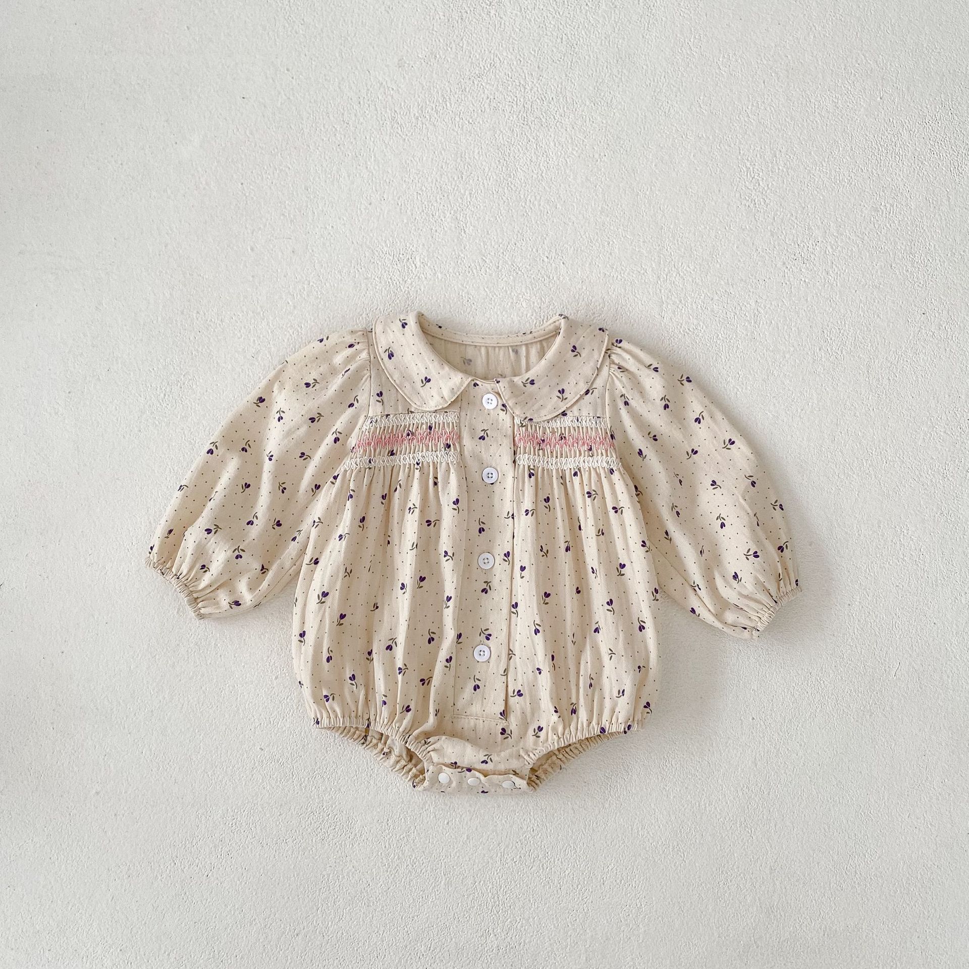 Cotton children's clothing 2024 autumn new item for infants and young girls, long sleeved khaki, wavelet dot flower_voghion.com