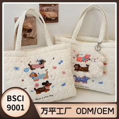 漫画刺繍かわいい子犬斜め掛け大容量シングルショルダーバッグキルティングコットン通勤手提げ袋女の子トートバッグ