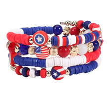 新款美国国旗红白蓝软陶手链美国独立日多层串珠缠绕手链