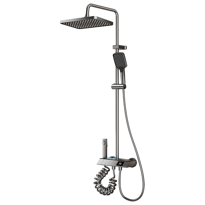 Fábrica transfronteriza ABS pistola gris 4 función presurizada calentamiento frío pantalla digital atmósfera lámpara ducha fuente de baño doméstico al por mayor