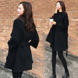 2023年秋冬装中长款毛呢外套女系带大码宽松女呢子大衣女中长款潮