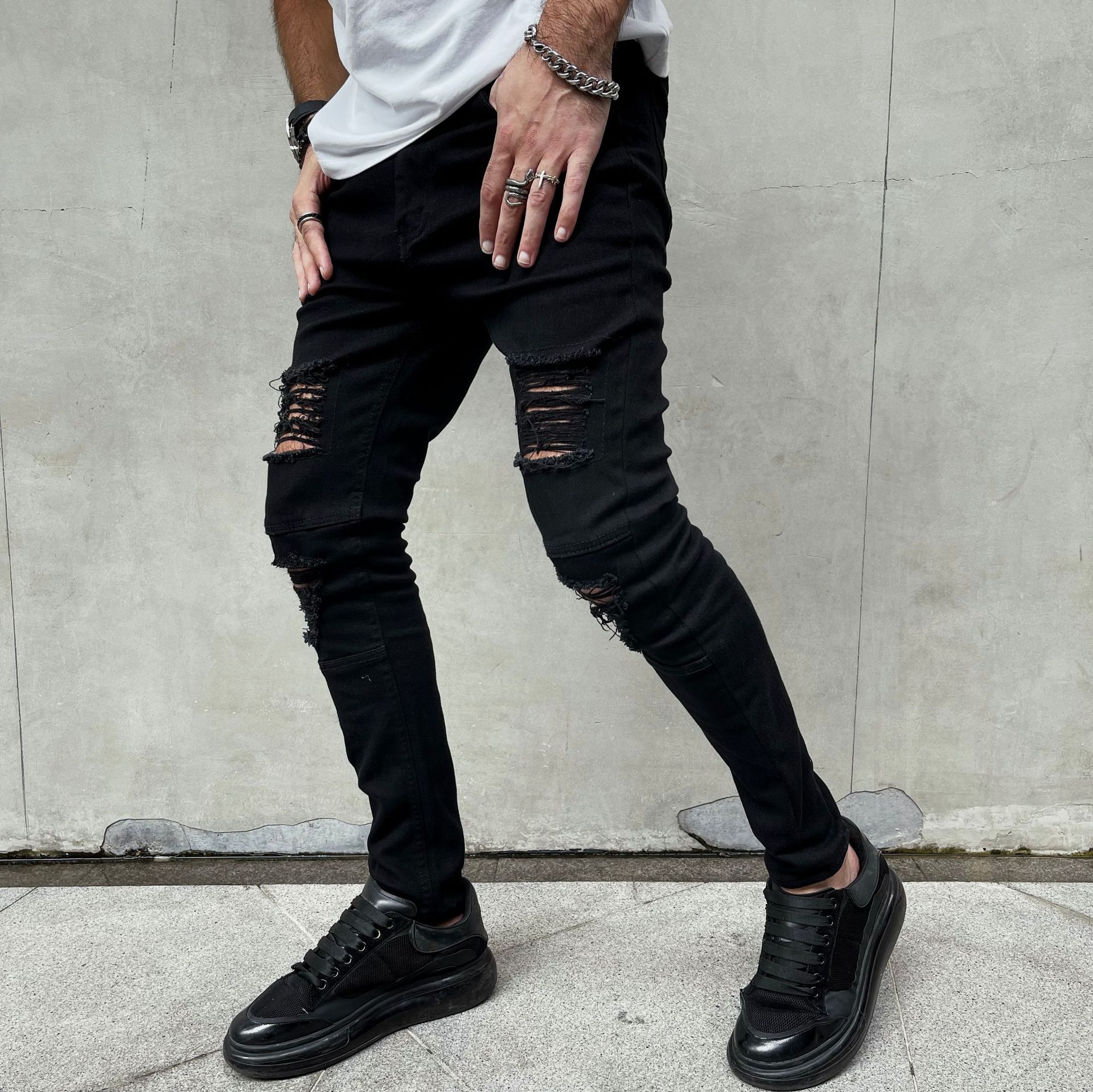 Jeans uomo slim fit strappati pantaloni in denim per uomo_voghion.com