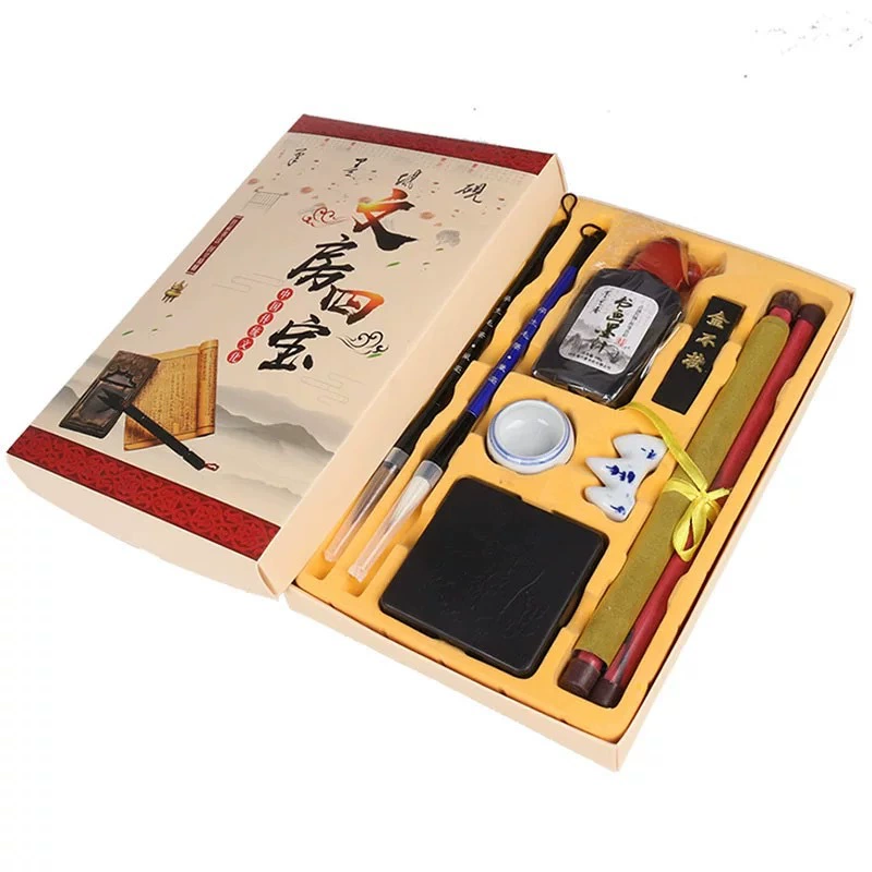 Четыре сокровища для начинающих, набор из 10 предметов для каллиграфии, тетрадь для письма, набор тканей для письма, ручка для каллиграфии, чернильная бумага, чернильный камень, детская подарочная коробка