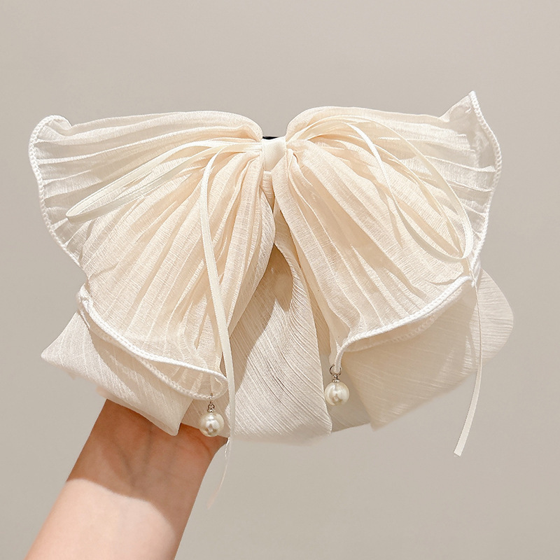フレンチポルカドットレトロコントラストリボンリボンパールペンダント後頭部シャーククリップヘアピン女性用|undefined