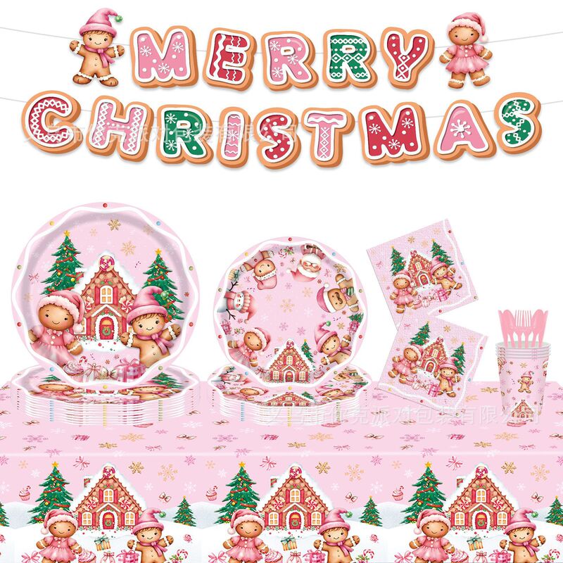 Pink Gingerbread Man Christmas Paper Plate Cartoon Dinner Plate Disposable Paper Cup Tissue Tablecloth Kidsren's Party Decoration