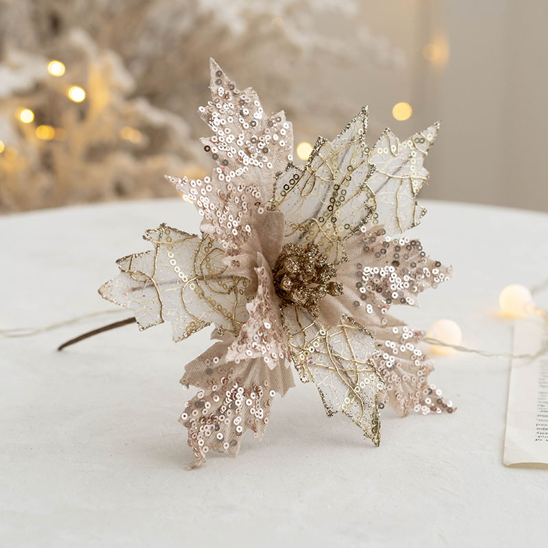Flor navideña dorada de 20cm con lentejuelas, decoración para árboles