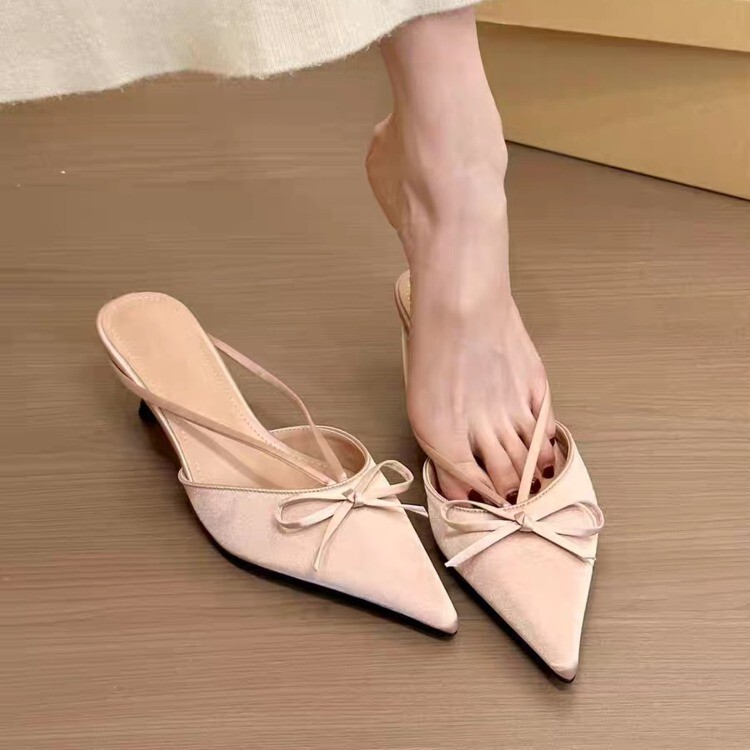 2025 New Spring Fashion All-match Pointed Bow High Heel Half Slippers for Women Outer Wear Show Long Legs Not Tired Feet