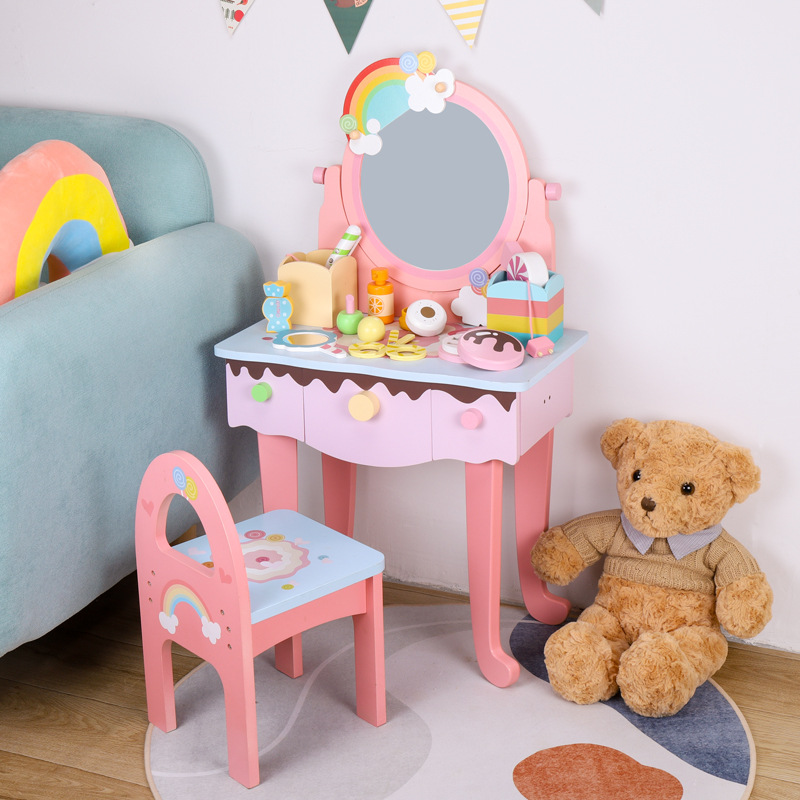 Tocador de simulación para niños, mesa de maquillaje de princesa, caja de joyería, juguetes de madera, juego de regalos de cumpleaños para niñas, casa de juegos