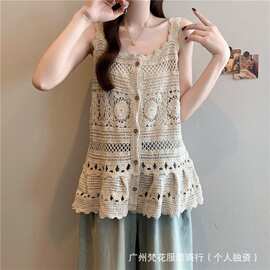 夏季欧美新款吊带小背心女设计感时尚简约镂空蕾丝花边打底衫上衣