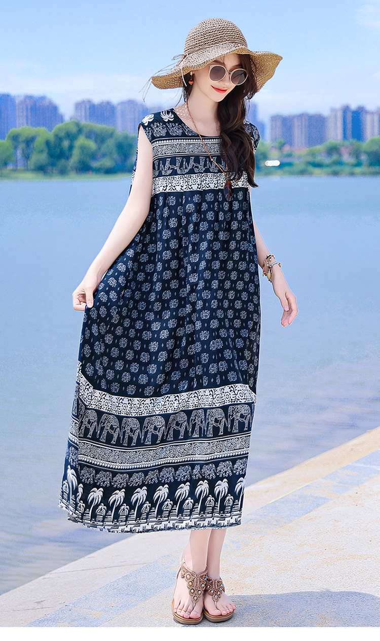 2025 New Cross-Border Plus Size Bohemian Beach Long Cotton Floral Women's Summer Dress_ecoleips.com