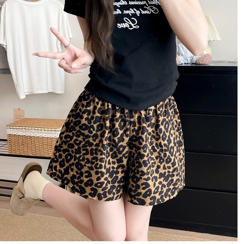 大码胖妹妹松紧腰豹纹休闲裤女夏季薄款阔腿高腰显瘦洋气A字短裤|undefined