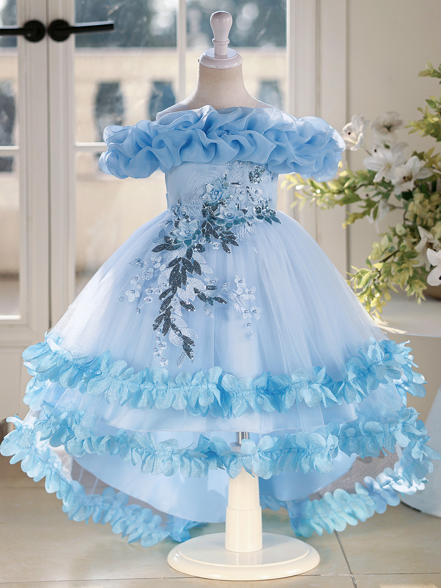 Vestido de niñas vestido de princesa de cola floral vestido de novia niños anfitriones de piano vestido de boda de verano