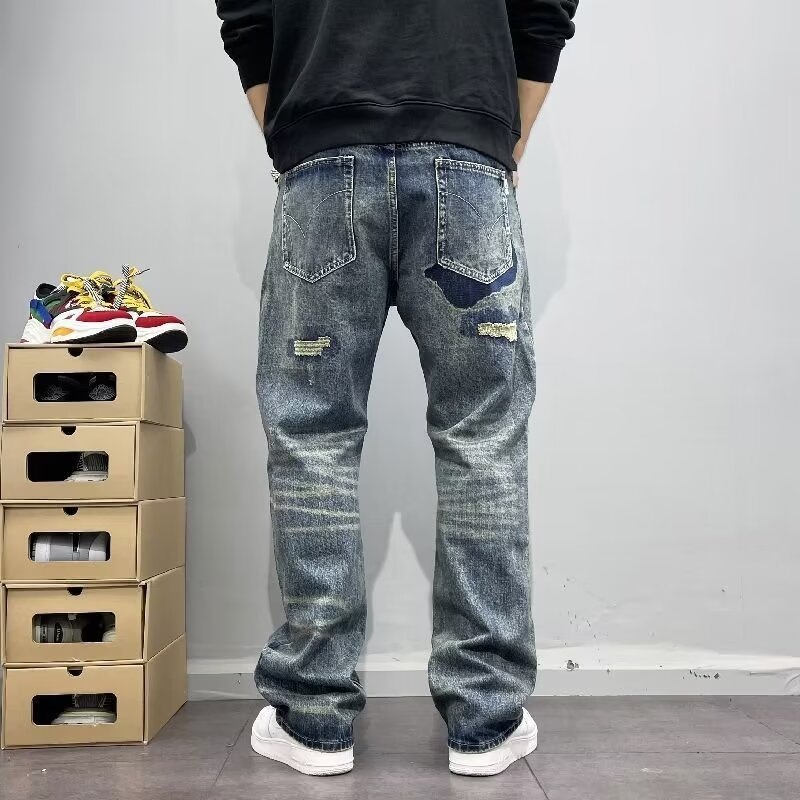 High-end Retro Ripped Jeans Men's Trendy Brand Personalized Scratched Patch Embroidery Slim Straight Pants Men's Spring And Autumn_mkmklike.com