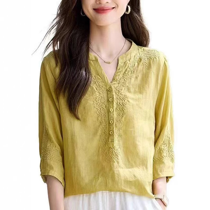 25 Summer Shirts Short-Sleeved Women's V Neck Ramie Embroider Ethnic Style Half-Sleeved Pure Color Shirt Tops Slimming Look
