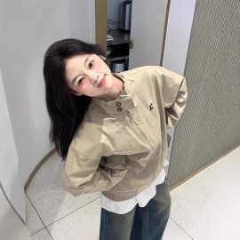 跨境夹克外套女春秋新款韩系小个子美式工装立领卡其色棒球服上衣