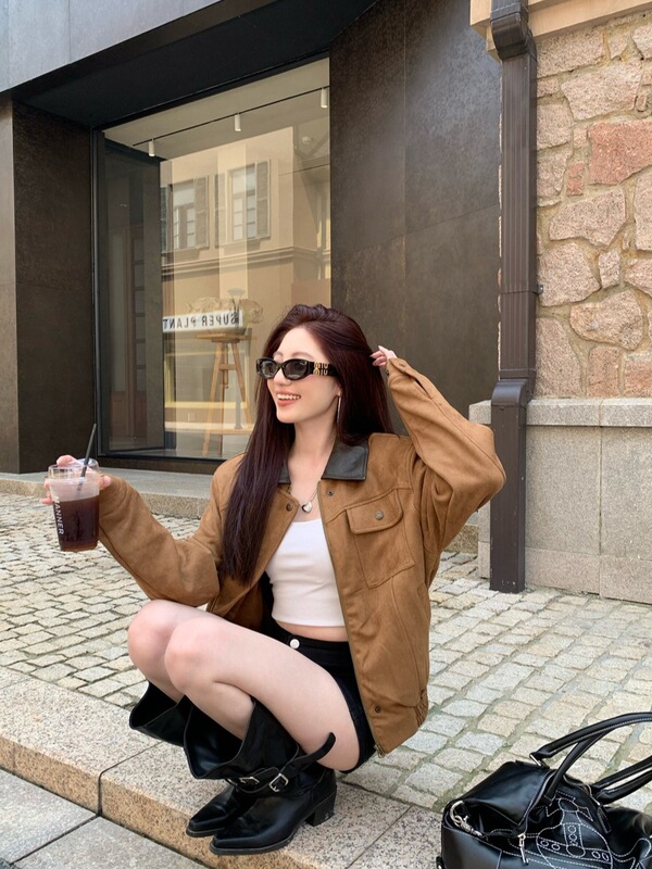 美式复古麂皮绒外套女装秋季2025新款美拉德棕色拉链开衫夹克上衣|undefined