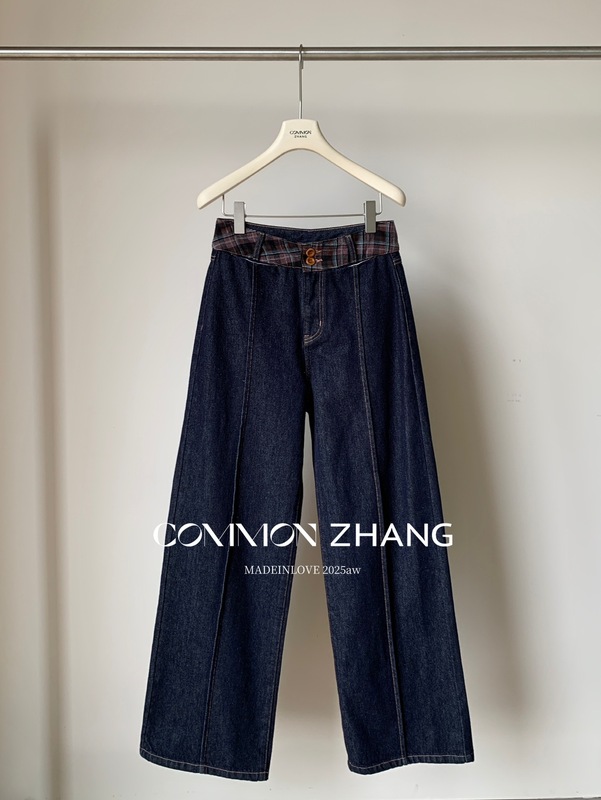 CZ ZHANG秋高腰贴布阔腿牛仔裤女度假风百搭休闲直筒休闲裤B31907|undefined