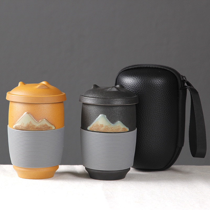 现货粗陶马克杯复古陶瓷茶具带盖茶杯办公家用泡茶叶花茶过滤茶杯
