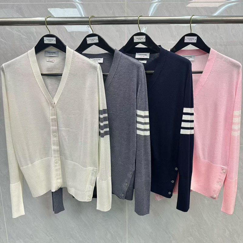 Factory Direct Sales Tb Women's Classic Four-Stripe Thin V Neck Cardigan Casual Simple Preppy Style Long-Sleeved Knitwear