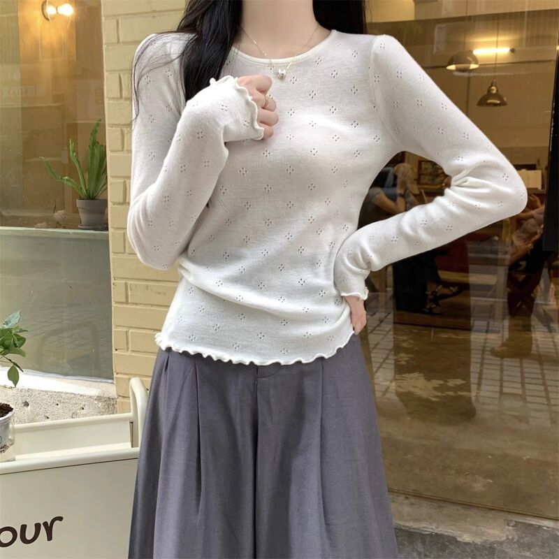 2026 White Base Shirt for Women, Spring and Autumn Design with Ruffled Edges, Thin Style, Chanel-Inspired Inner Knit Top for Women