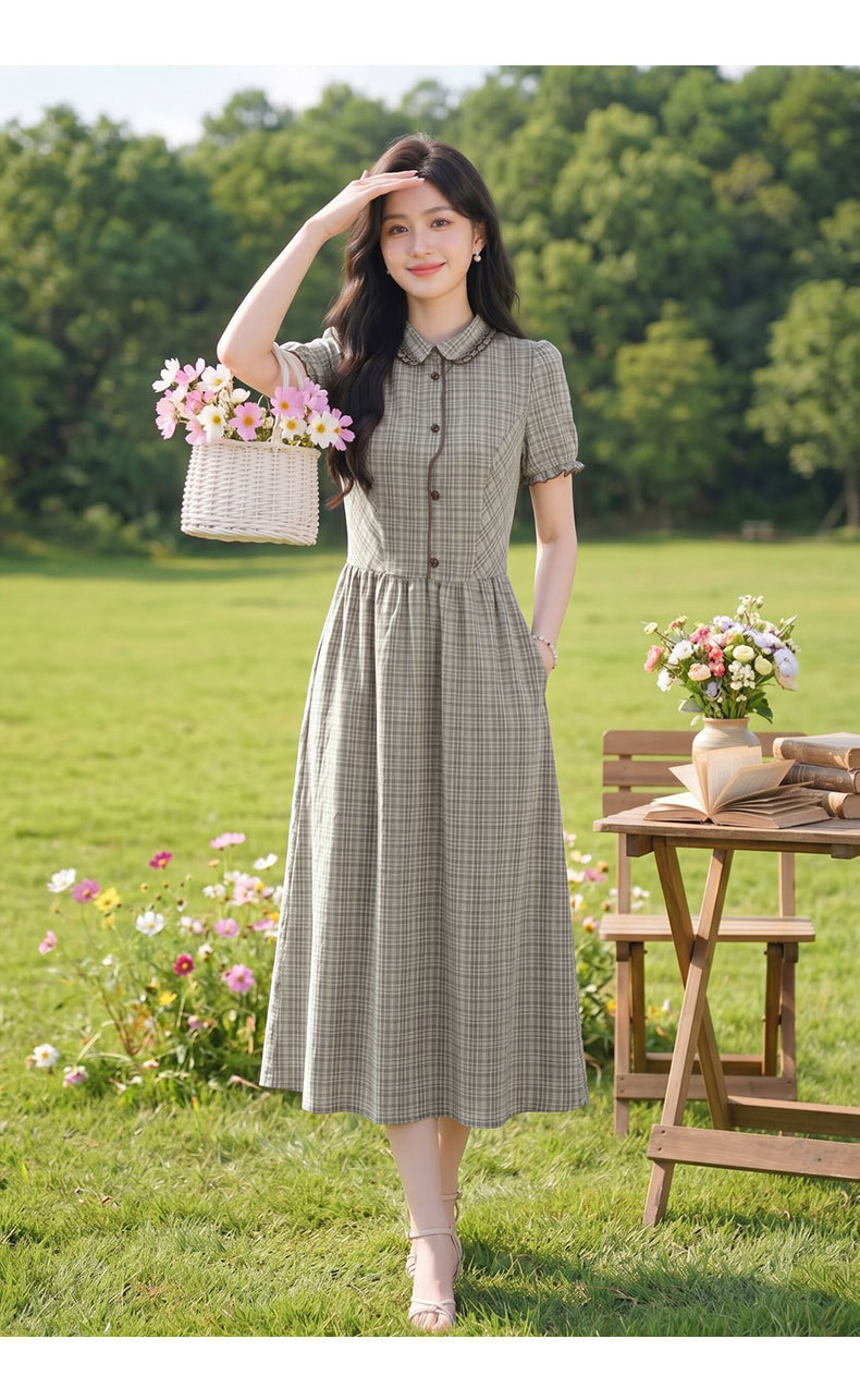 Đầm maxi nữ thắt eo họa tiết kẻ caro phong cách vintage — Màu ảnh chi tiết 12