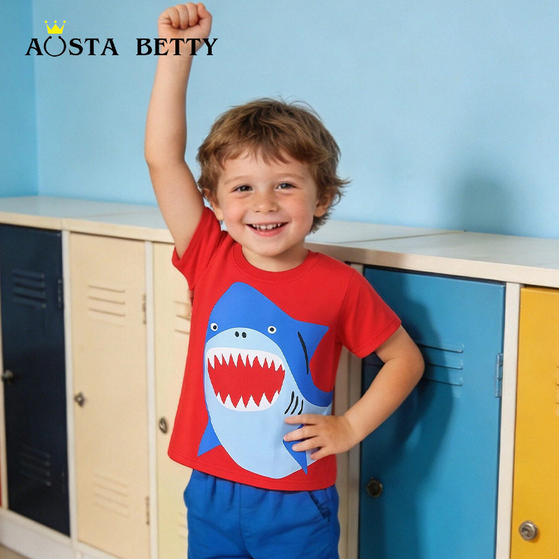 26 Summer Boys' Short Sleeve T-Shirt with Cartoon Shark Print Casual Top Children's Cotton Base Shirt Bulk Sale