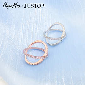 JUSTOP个性ins时尚高级感925银纯银指环手饰镂空环形贴钻戒指饰品
